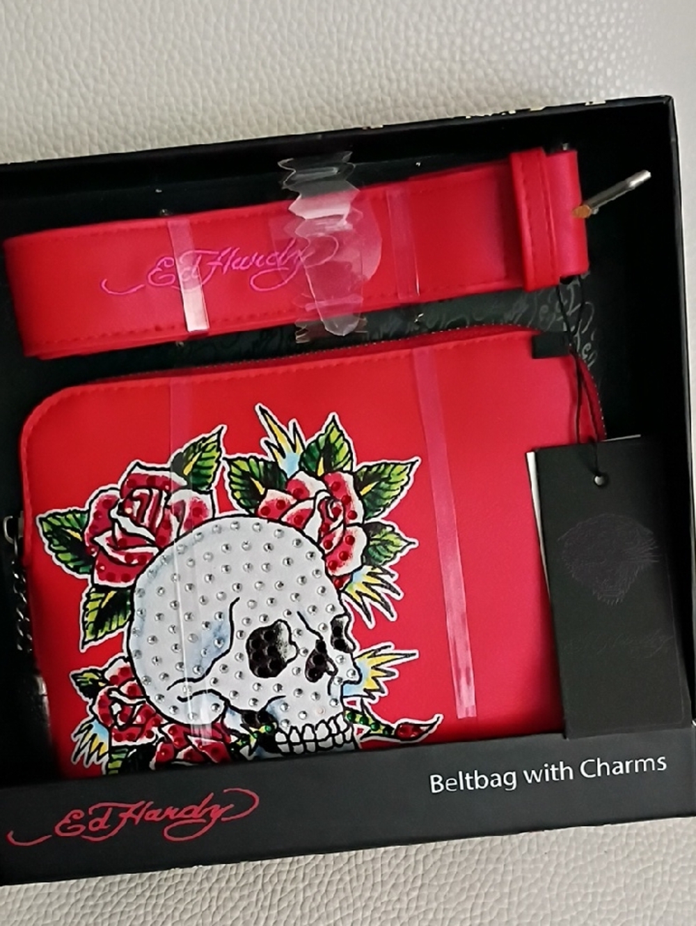 Ed Hardy Red Skull Tattoo With Charms Purse Belt Bag